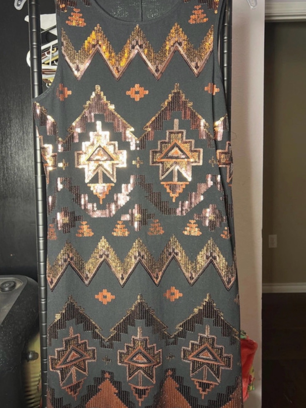 Express Black Midi Dress with Bronze & Gold Sequin Aztec Pattern